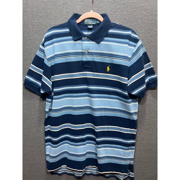 Polo Ralph Lauren Polo Blue/White Stripe Knit Yellow Pony Mens Size Large - Picture 1 of 9